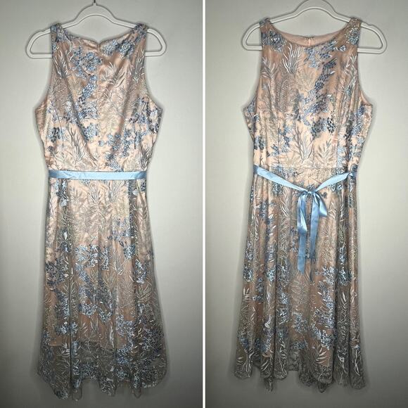 Tahari Blue Floral Embroidered High Low Gown Size 12 - Picture 2 of 9